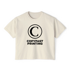 Ivory Comfort Colors 3023CL boxy tee with one centered Copyfast example, rendered in Customily