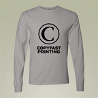Concrete Grey Hanes GDH200 garment-dyed long sleeve with one centered Copyfast example, rendered in Customily