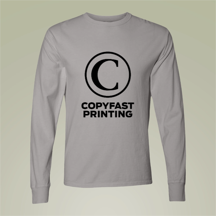 Concrete Grey Hanes GDH200 garment-dyed long sleeve with one centered Copyfast example, rendered in Customily